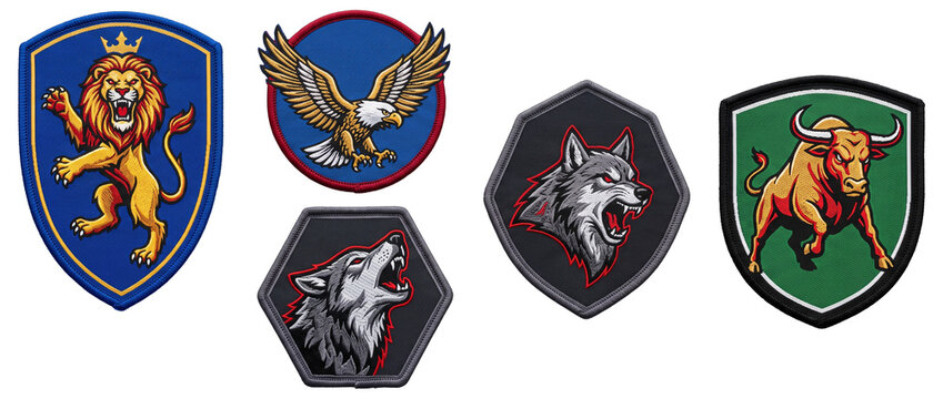 Military embroidered animal patch set featuring lion eagle wolf bull crests for tactical apparel design set on black background, powerful mascot team emblem insignia badge visual asset bundle.