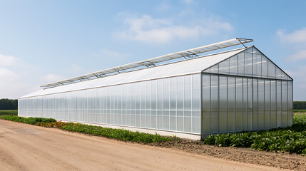 Naklejka premium Large Modern Greenhouse Structure by a Dirt Road in Rural Agricultural Landscape Under Clear Blue Sky on Sunny Day