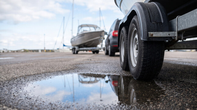 Closeup of a boat trailer wheel parked on a wet asphalt surface with a reflection in a puddle at a marina