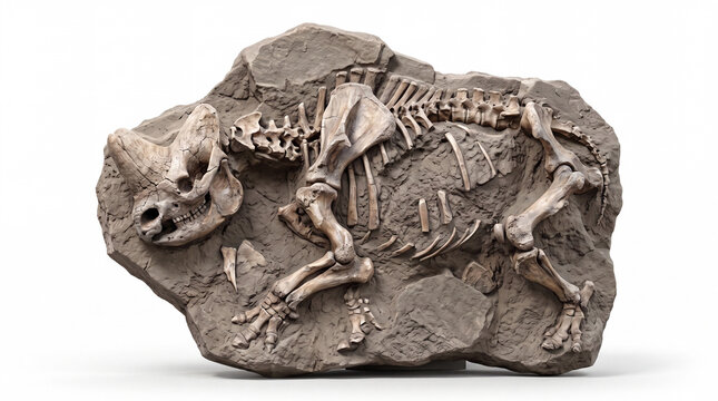 Elasmotherium sibiricum fossil embedded in rock, detailed prehistoric rhinoceros fossil remains preserved within sedimentary stone on white background