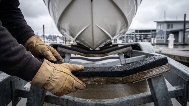 Closeup of a person in work gloves adjusting a boat trailer bunk support with a boat hull in the background at a marina