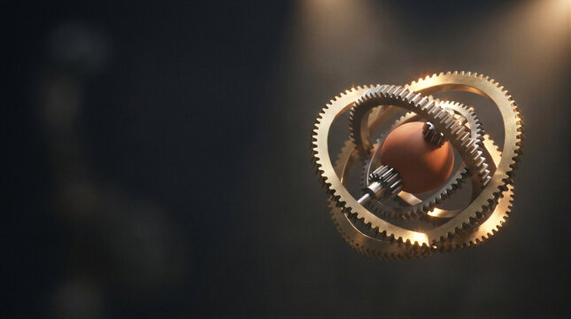 Interlocking metal gears with central sphere on dark background. Mechanical engineering, industrial automation, precision manufacturing, systems integration, and corporate technology concept with