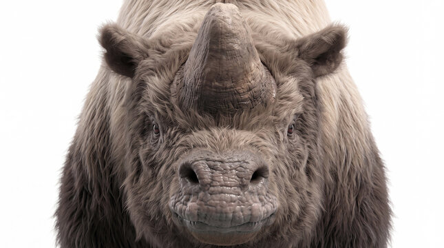 Elasmotherium sibiricum frontal head close-up, detailed front-facing view of the head, massive cranial dome, muzzle, nostrils, and facial anatomy of the giant prehistoric rhinoceros on white backgroun