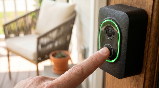 Closeup of a persons finger pressing the button on a modern smart video doorbell mounted on a wooden door frame