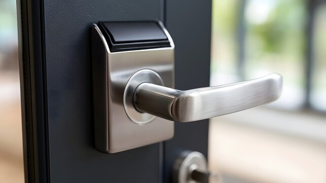Modern door handle with sleek metallic finish mounted on dark door  featuring a black card reader panel for secure entry