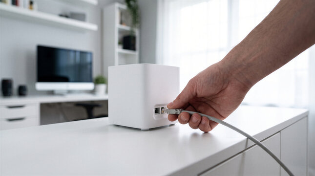 Closeup of a person plugging an ethernet cable into a white wireless router on a desk in a bright home office