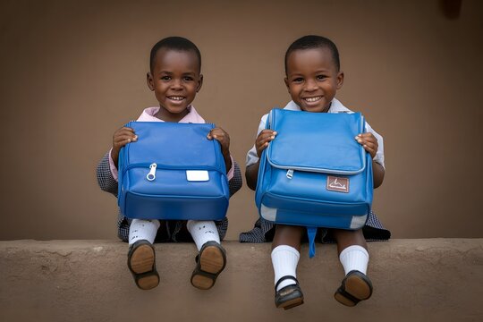 Two happy african school children holding blue backpacks sitting outside school