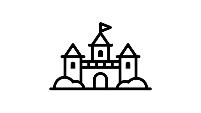 Black outline icon of a medieval castle with a flag