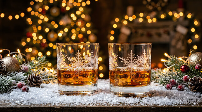 Two glasses of whiskey for christmas with bokeh lights