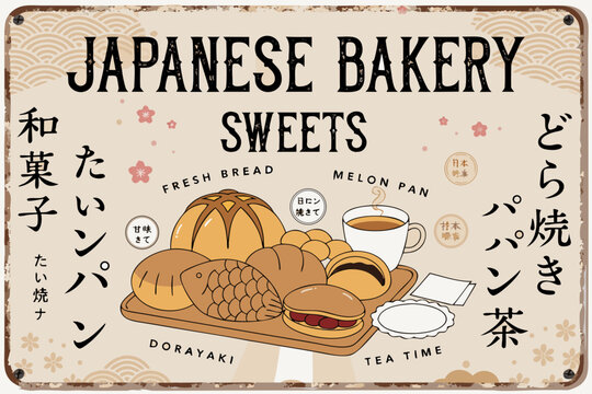 Vintage Japanese bakery tin sign attractor decor various sweets, dorayaki, melon pan, fresh bread with cup tea, decorative elements traditional, old enamel cafe plaques, nostalgic bakery wall decor