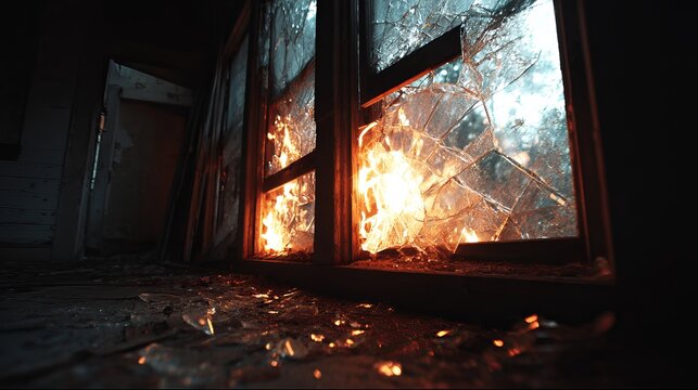 Intense fire flames raging behind shattered glass window panes inside dark abandoned building capturing dramatic glowing heat and dangerous destruction