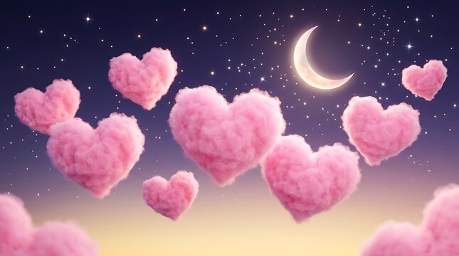 Pink Hearts Floating Under Night Sky with Crescent Moon.