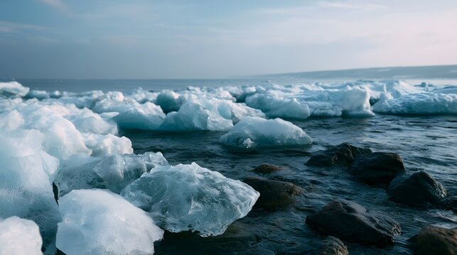 Ice floes drift along a calm shoreline with dark rocks and a pale sky overhead in a serene winter coastal scene