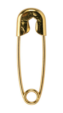 A single open gold metal safety pin with a polished finish and elongated curved wire design, isolated on transparent background, useful for sewing, craft, and office stationery projects.