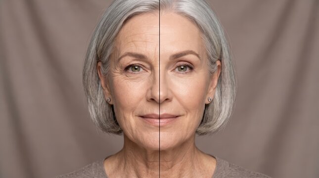 close up portrait of a mature woman showing a split face comparison between wrinkled aging skin and smoother rejuvenated skin, concept of anti aging facial treatment and cosmetic care