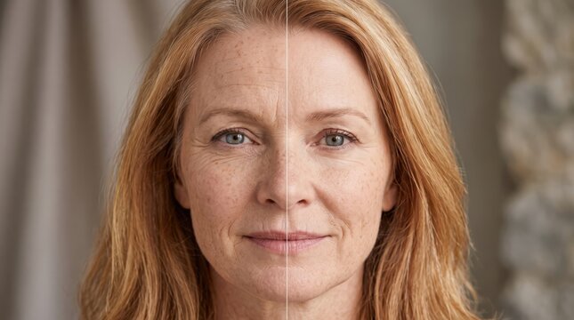 before and after split face comparison of a mature woman showing wrinkles, fine lines and pigmentation on one side and smoother skin on the other