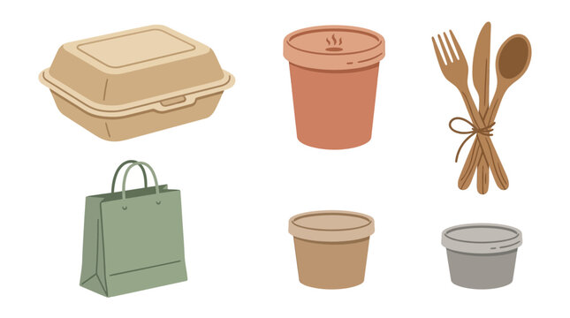 Set of eco friendly food packaging and wooden cutlery for takeout meals and zero waste food delivery service