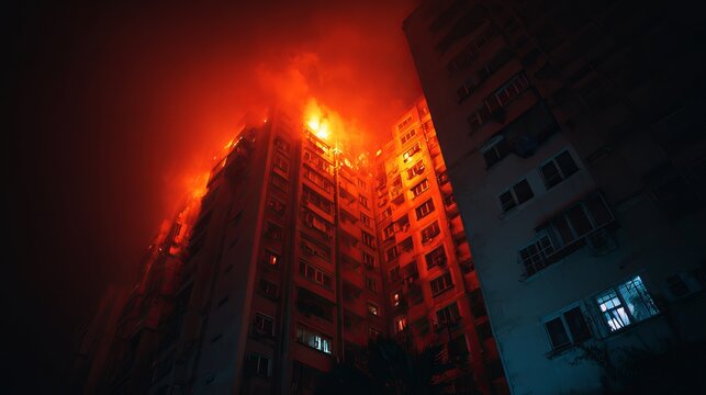 Intense residential apartment building engulfed in massive flames and dark thick smoke during a dramatic night time emergency fire event