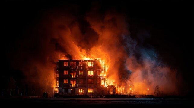 Intense residential building consumed by raging inferno and thick dark smoke during dramatic night emergency scene captured in real life