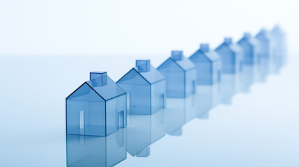 Fototapeta premium Row of Blue Translucent House Models Reflecting on a Smooth Surface Against a Soft, Bright Background, Real Estate Concept