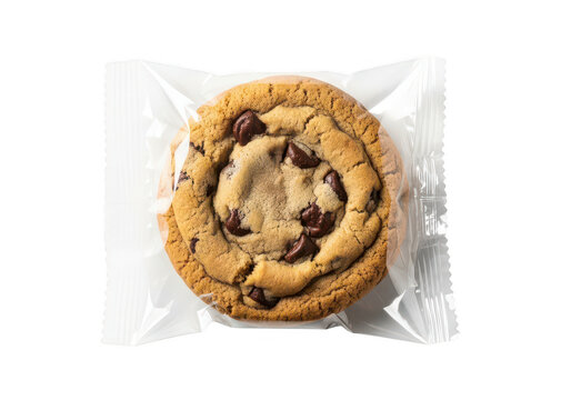 Chocolate chip cookie in a clear plastic wrapper isolated on transparent background