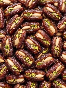 This vertical portrait showcases a culinary pattern and rich food texture of dates stuffed with almonds and pistachios for healthy lifestyle blogs, restaurant menus, and retail packaging designs.