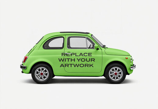 Classic car side view mockup with placeholder text for vehicle wrap design, studio environment on white background, automotive branding presentation template