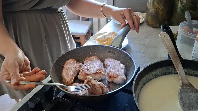 Cooking pork chops in a home kitchen with simple tools