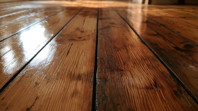 Gleaming wooden floorboards reflect light, showcasing texture and age