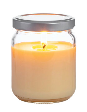 Scented candle inside a clear glass jar with a metal lid and glowing yellow wax lit from within&nbsp;