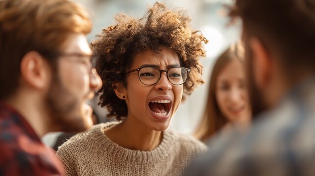 A woman screams during an argument. A young woman with curly hair and glasses shouts in conversation with people in the room.