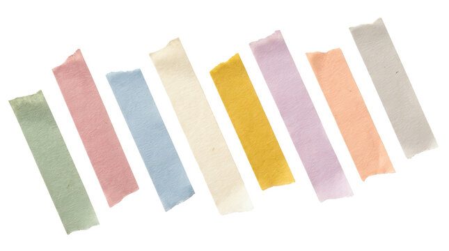 Set of eight assorted colorful washi tape strips isolated on a transparent background for digital scrapbooking and artistic design