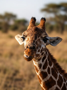 Giraffe Close Up Portrait Looking at Camera in Savanna

