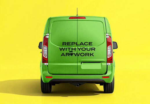 Commercial van rear view mockup on yellow background with text placeholder for branding, graphic design template vehicle wrap presentation, advertising display, transport