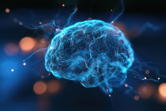 Digital brain with glowing blue neural network, emitting energy
