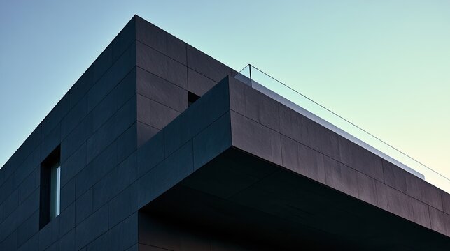 Sharp, modern building corner with dark facade, glass railing, and sky