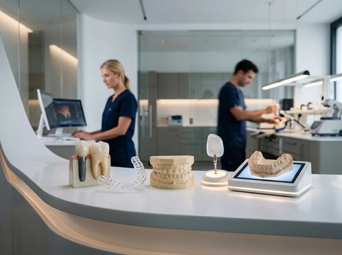 Assortment of dental models on a modern clinic counter