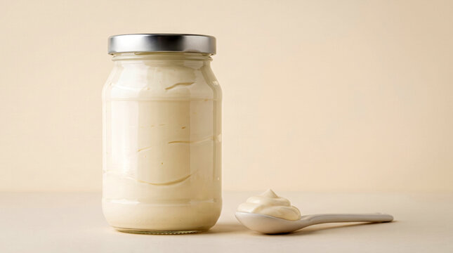 Creamy sauce in glass jar on table