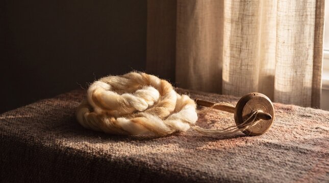 Raw wool fiber and wooden spindle tactile still life