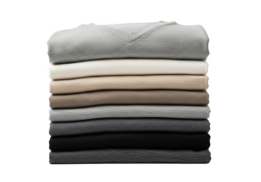 Stack of folded warm sweaters in neutral shades isolated on transparent background
