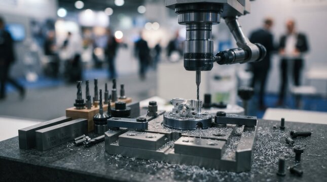 Micro machining setup with miniature metal parts, carbide cutters, spindle nose, gauge blocks, swarf, and fixture plate for ultra tight tolerances.