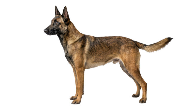 A beautiful Belgian Malinois shepherd dog standing in side profile, isolated on a clean white background for easy editing with a transparent background