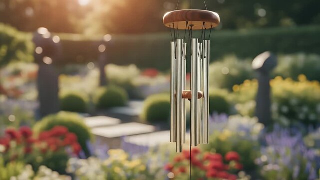 Decorative metal wind chimes hanging elegantly in a peaceful garden setting during a soft sunset glow providing a calm atmosphere for relaxation and sensory zen experience
