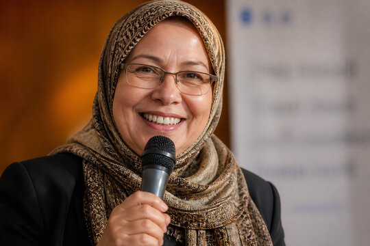 A smiling woman wearing a headscarf holds a microphone in an indoor setting.
