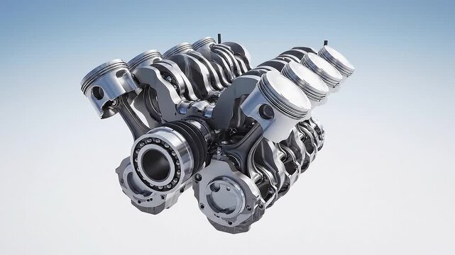 A chrome internal combustion engine with pistons and crankshaft assembly sits on a blue background.