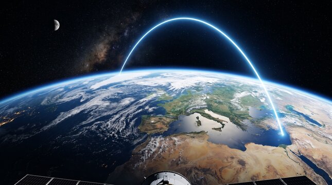 Glowing orbital trajectory arc above Earth atmosphere in deep space