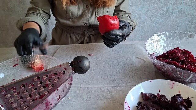 Preparing red peppers and berries in a kitchen in the afternoon