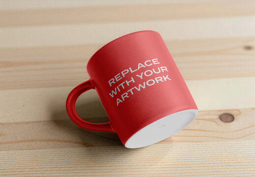 Ceramic mug mockup lying on its side a light wood surface, realistic product presentation with placeholder text for branding, graphic design template, commercial display