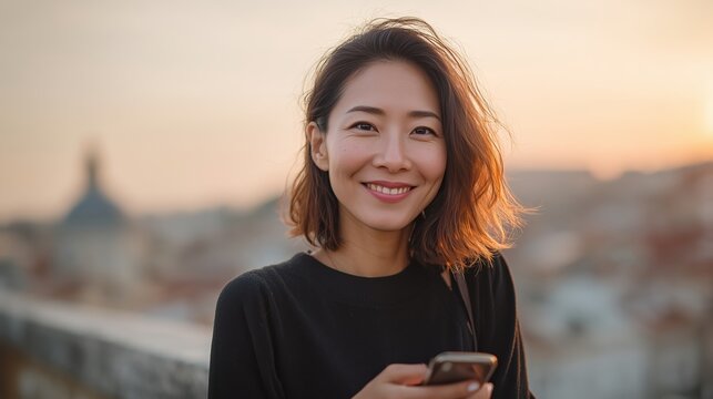 A young woman smiles, holding a smartphone against the background of the city in the warm evening light. The concept of digital communication, freedom and modern urban life.