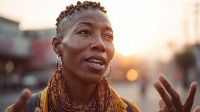 A black woman with short braided hair is saying something with her hands raised. She's wearing hoop earrings and a bright scarf. Sunset light on the background of the city.